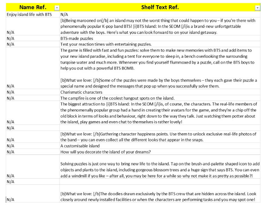 Original App Store editorial copy for BTS Island: In the SEOM, featuring gameplay, character, and BTS-themed content.